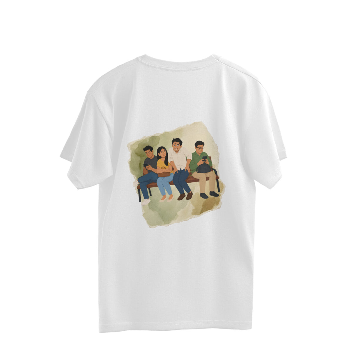 Back of a white oversized unisex tshirt printed with the Chhattisgarhi phrase Ek Kanik Ghuch Naa Wo and its meaning in colorful lettering