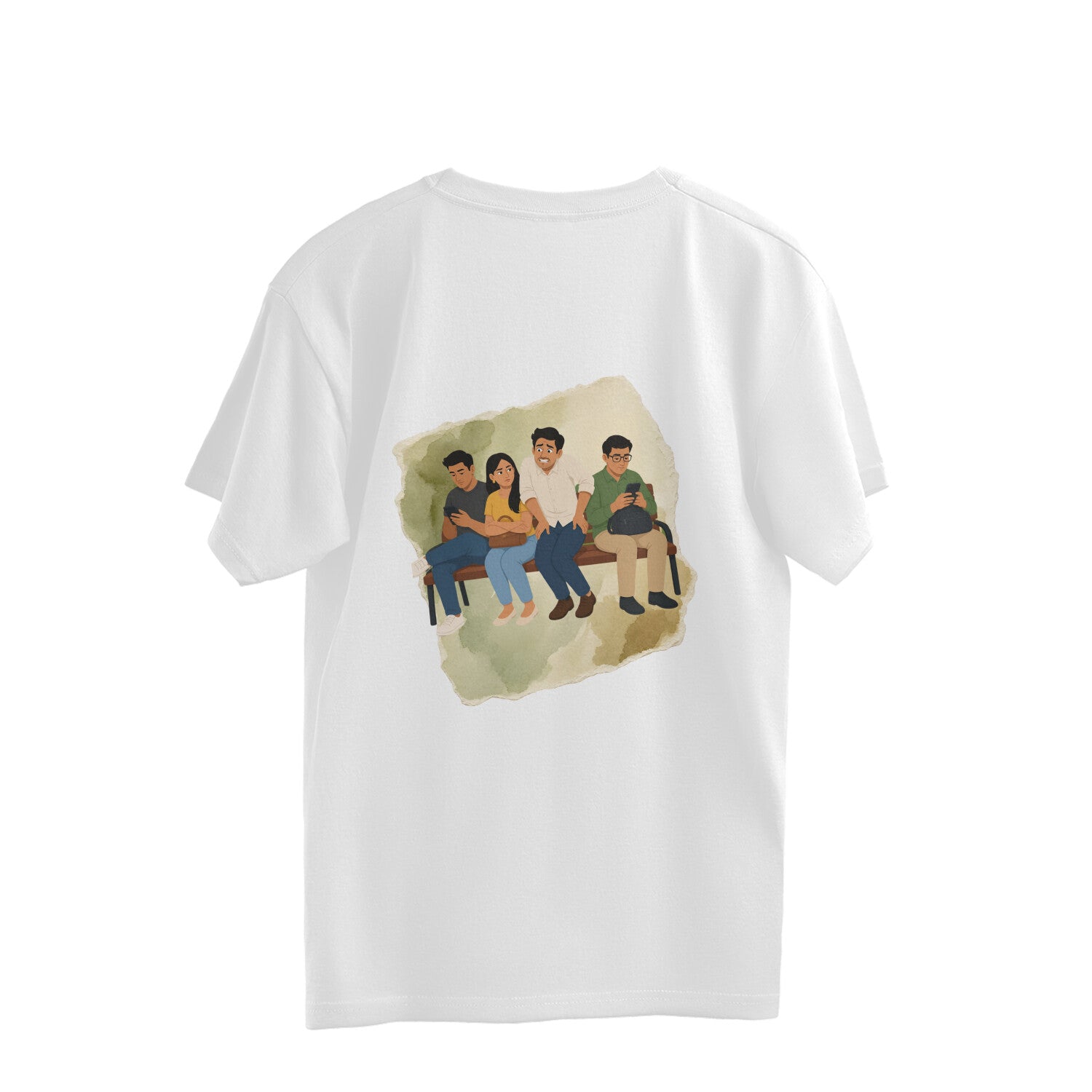 Back of a white oversized unisex tshirt printed with the Chhattisgarhi phrase Ek Kanik Ghuch Naa Wo and its meaning in colorful lettering