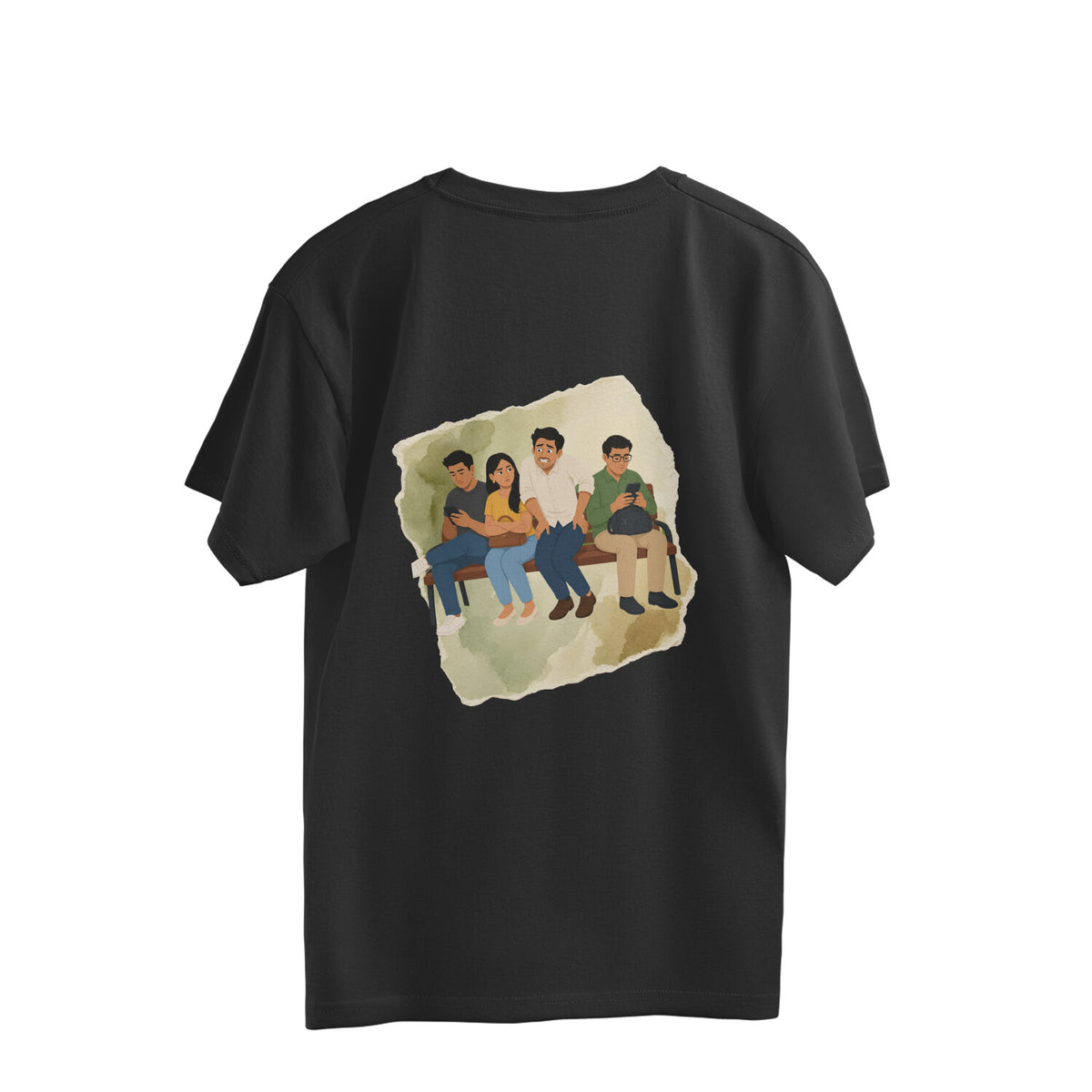 Back of a black oversized unisex tshirt printed with the Chhattisgarhi phrase Ek Kanik Ghuch Naa Wo and its meaning in colorful lettering