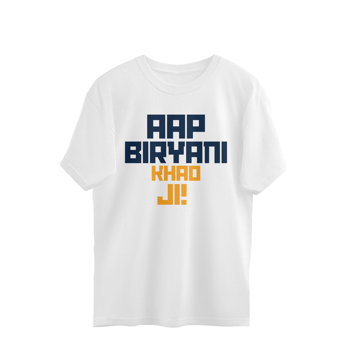 White oversized unisex tshirt printed AAP BIRYANI KHAO JI stacked in multicolour lettering on the front