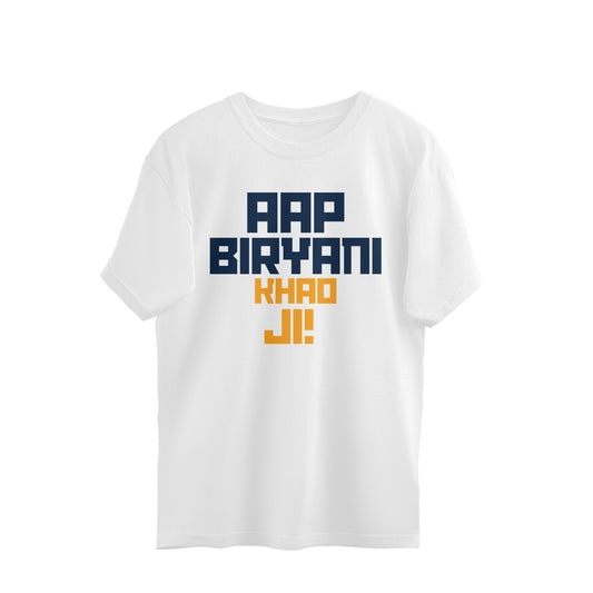 White oversized unisex tshirt printed AAP BIRYANI KHAO JI stacked in multicolour lettering on the front