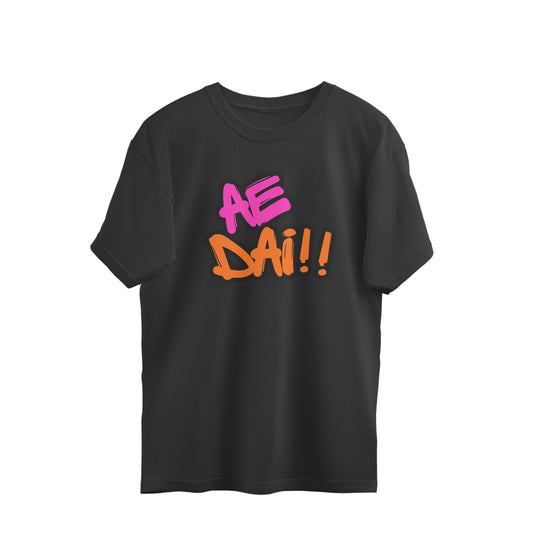 Black oversized unisex tshirt printed AE DAI in large multicolour lettering on the front