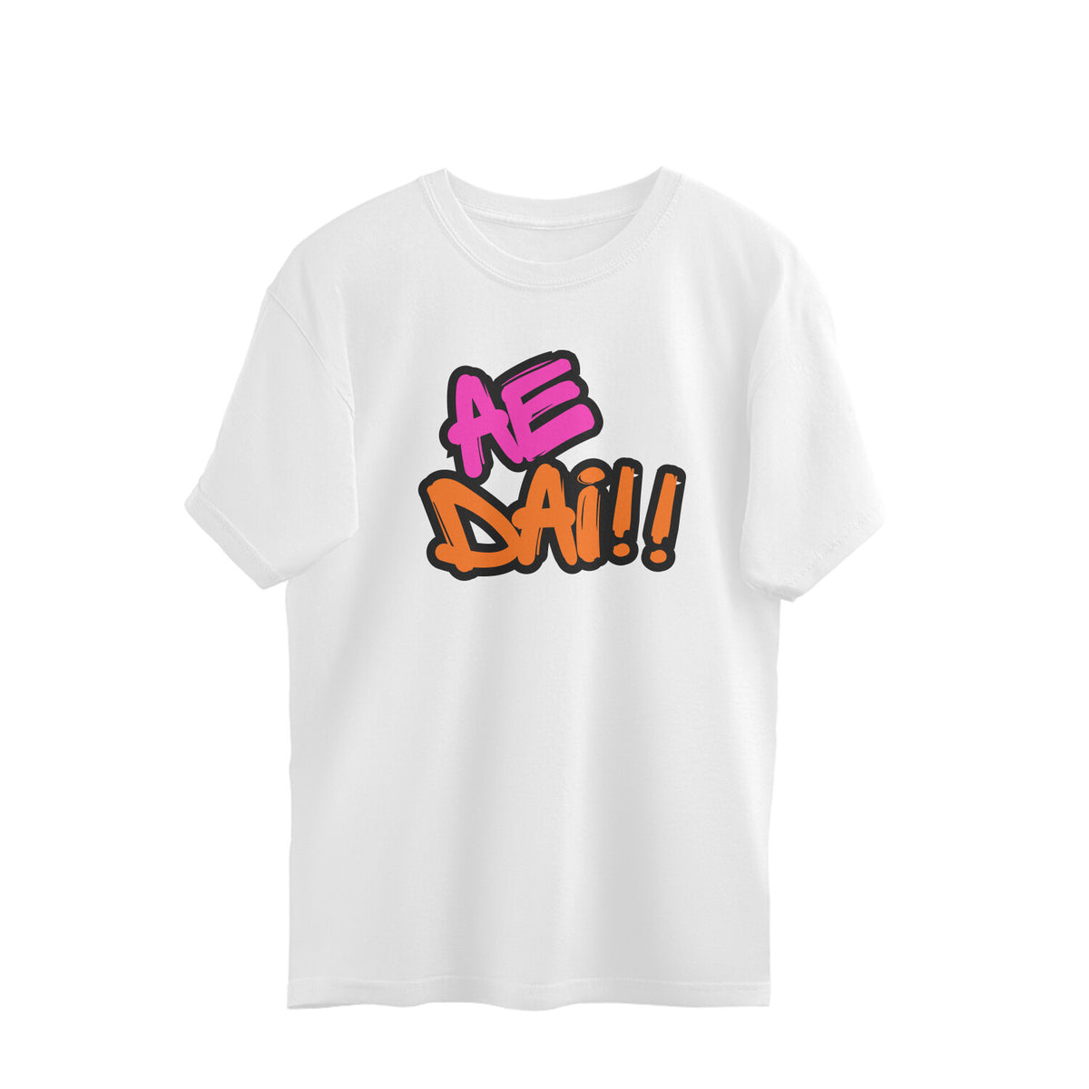 White oversized unisex tshirt printed AE DAI in large multicolour lettering on the front