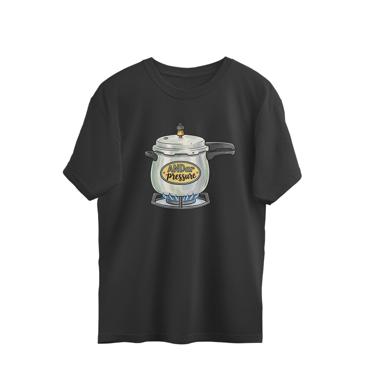 Black oversized t-shirt front with an illustrated pressure cooker on a gas stove, label reads ANDar pressure