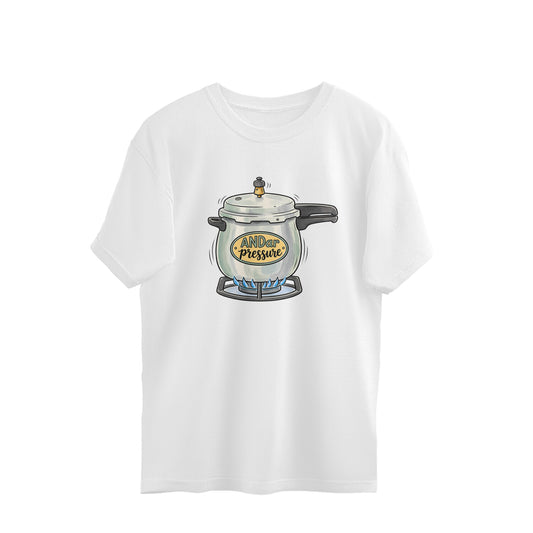 White oversized t-shirt front with an illustrated pressure cooker on a gas stove, label reads ANDar pressure