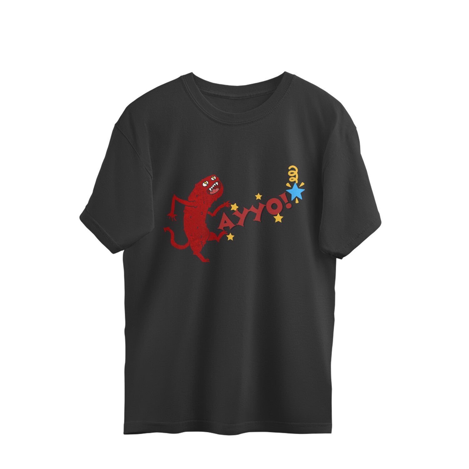 Black oversized unisex tshirt printed with a startled dark red lizard and the word AYYO in red, yellow and blue lettering