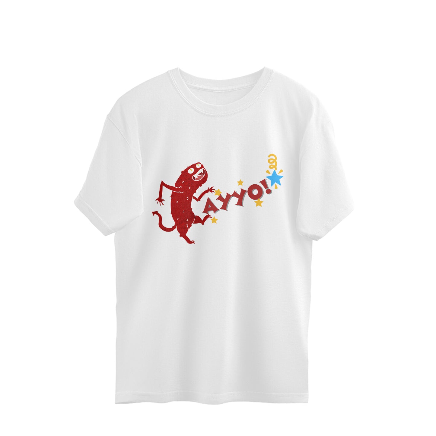 White oversized unisex tshirt printed with a startled dark red lizard and the word AYYO in red, yellow and blue lettering