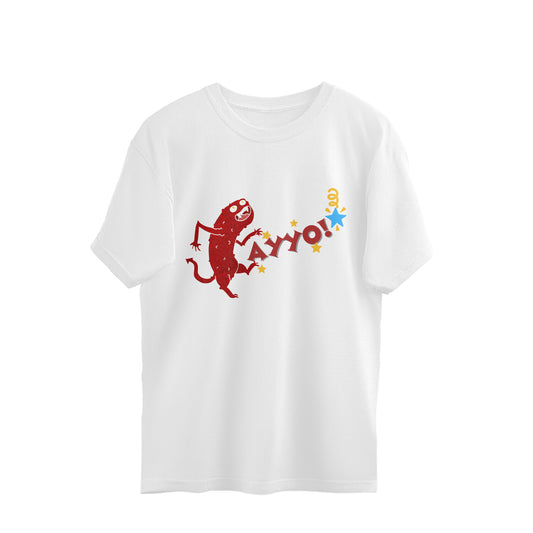 White oversized unisex tshirt printed with a startled dark red lizard and the word AYYO in red, yellow and blue lettering