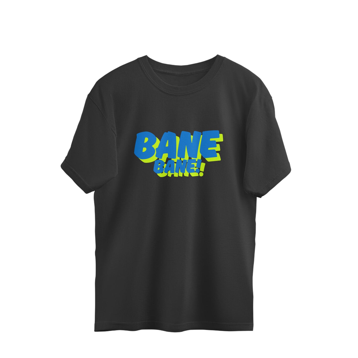 Black oversized unisex tshirt printed BANE BANE in multicolour Neon lettering on the front