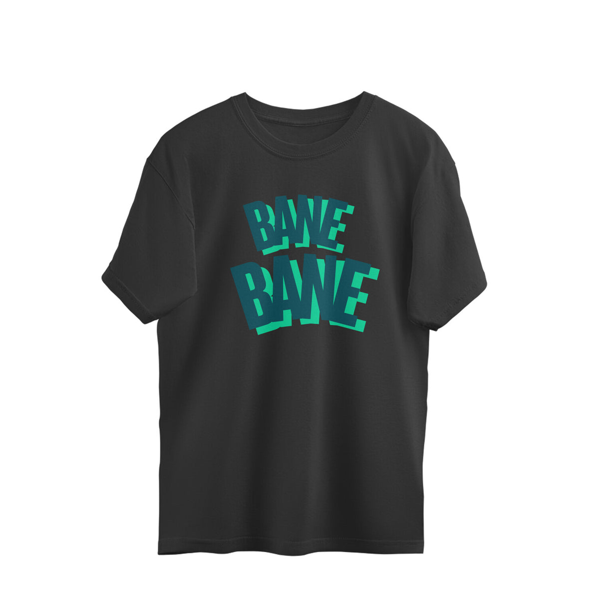 Black front. Black oversized unisex tshirt printed BANE BANE in multicolour Teal lettering on the front