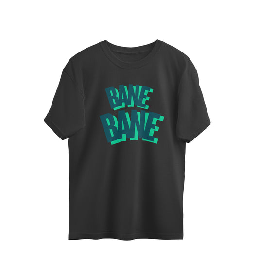 Black front. Black oversized unisex tshirt printed BANE BANE in multicolour Teal lettering on the front