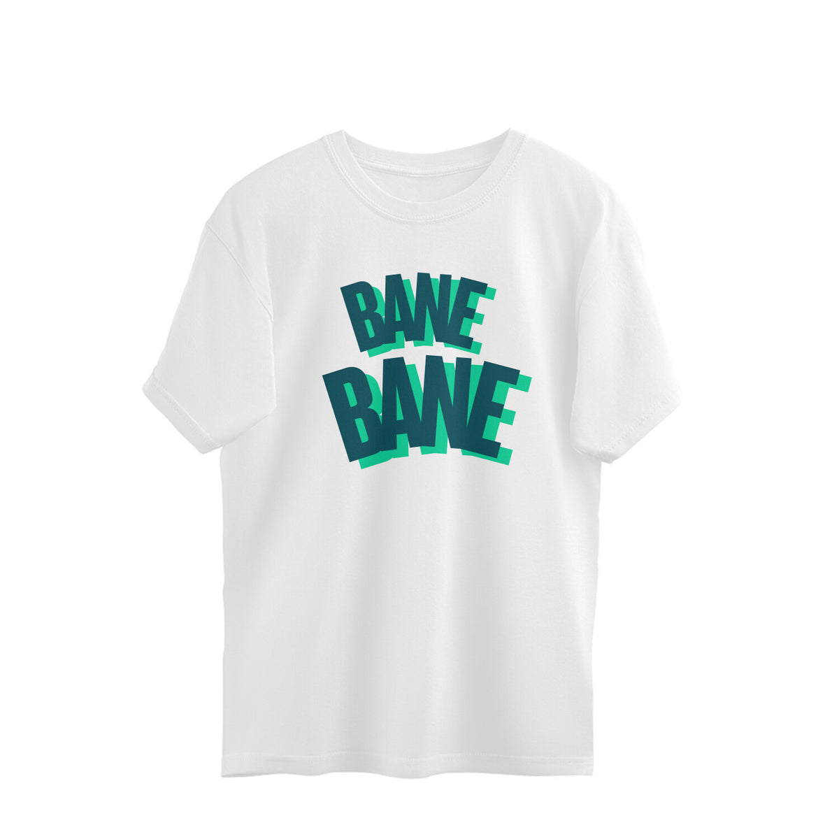 White oversized unisex tshirt printed BANE BANE in multicolour teal lettering on the front