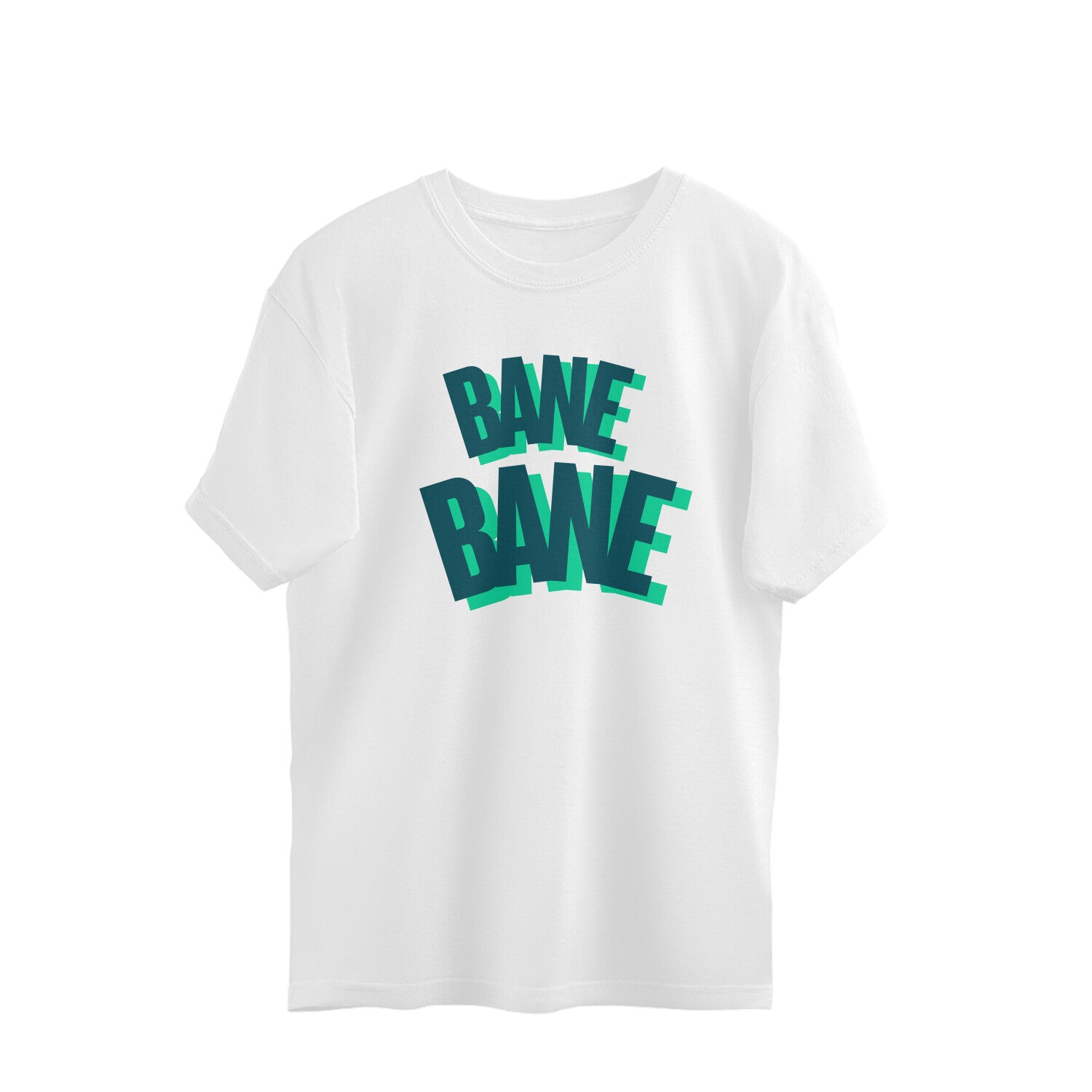 White oversized unisex tshirt printed BANE BANE in multicolour teal lettering on the front
