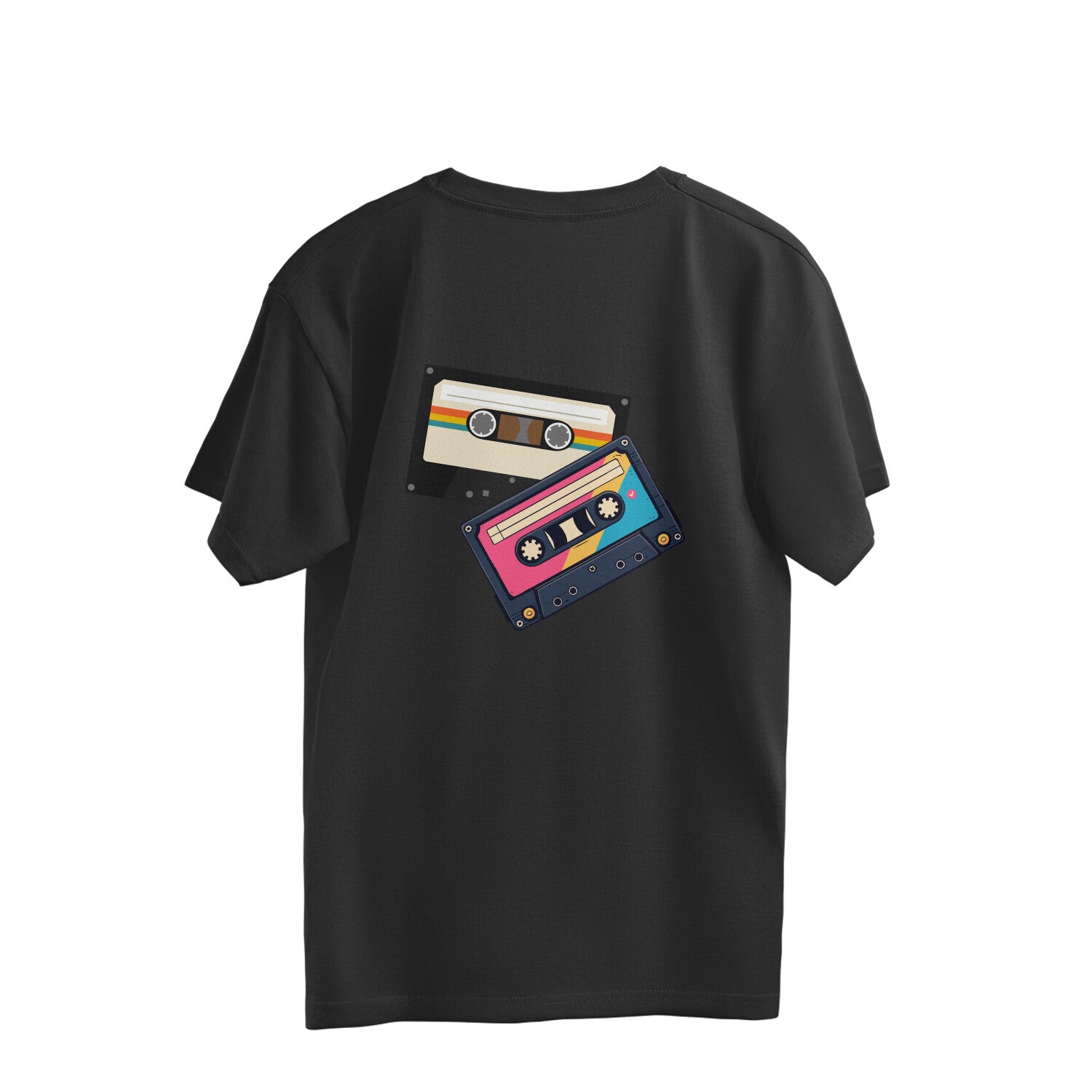 Back of a black oversized unisex tshirt printed with two overlapping retro cassette tapes in cream, pink, teal and navy
