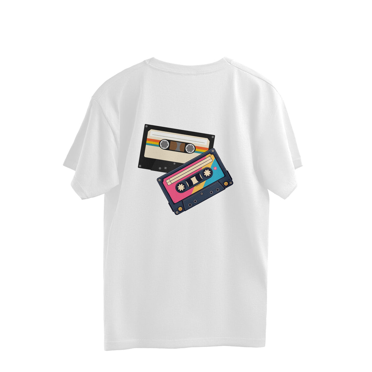 Back of a white oversized unisex tshirt printed with two overlapping retro cassette tapes in cream, pink, teal and navy