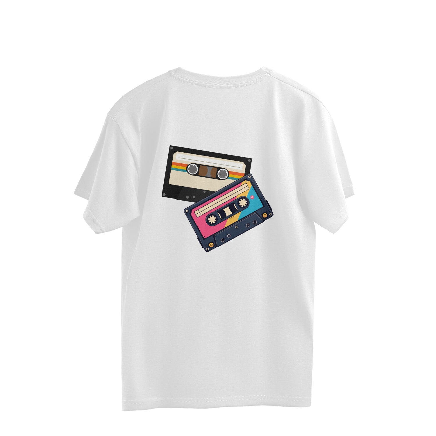 Back of a white oversized unisex tshirt printed with two overlapping retro cassette tapes in cream, pink, teal and navy