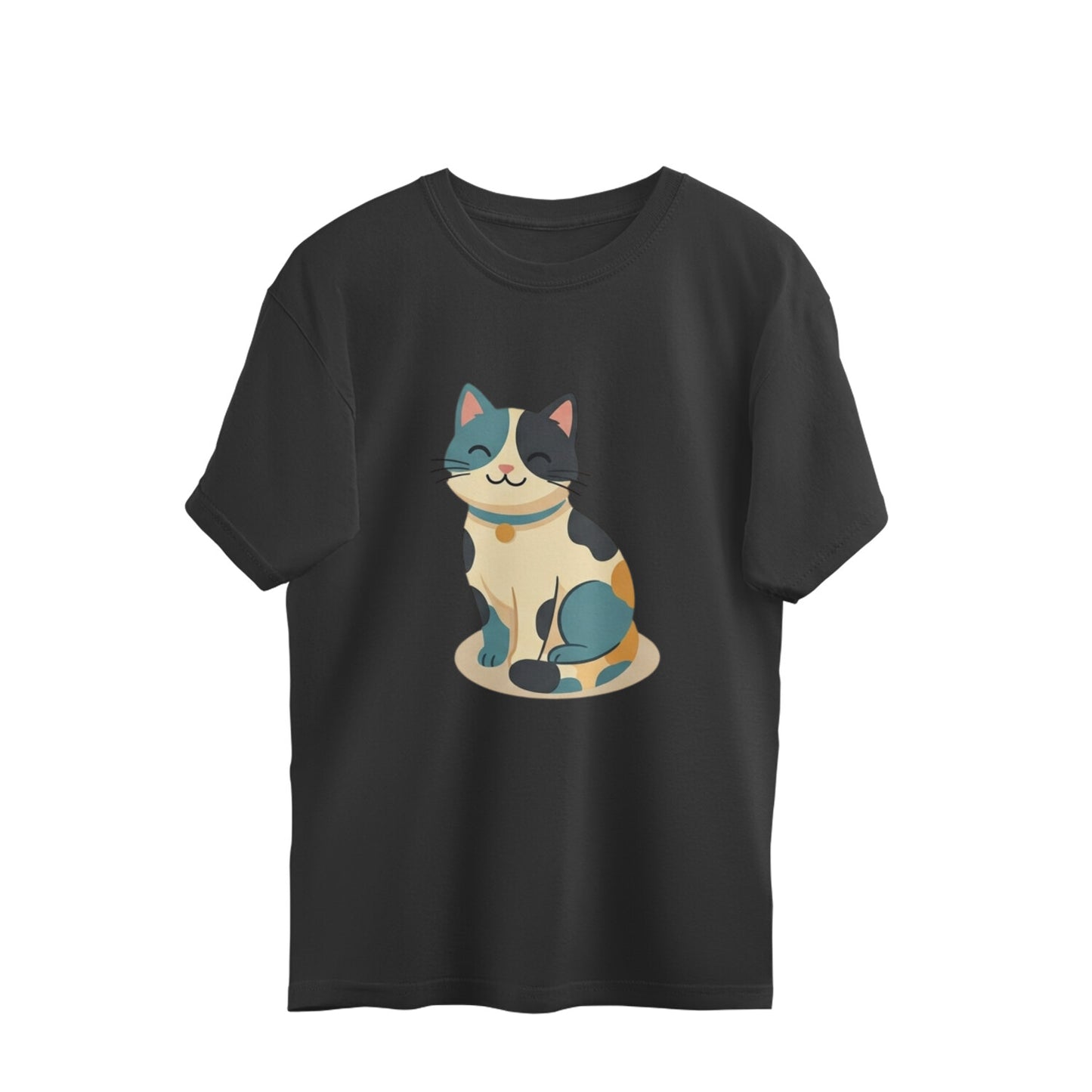 Black oversized t-shirt with an illustrated cream and teal cat sitting on the front