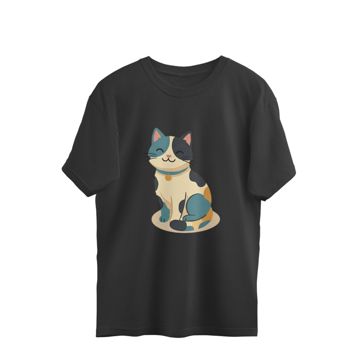 Black oversized t-shirt with an illustrated cream and teal cat sitting on the front
