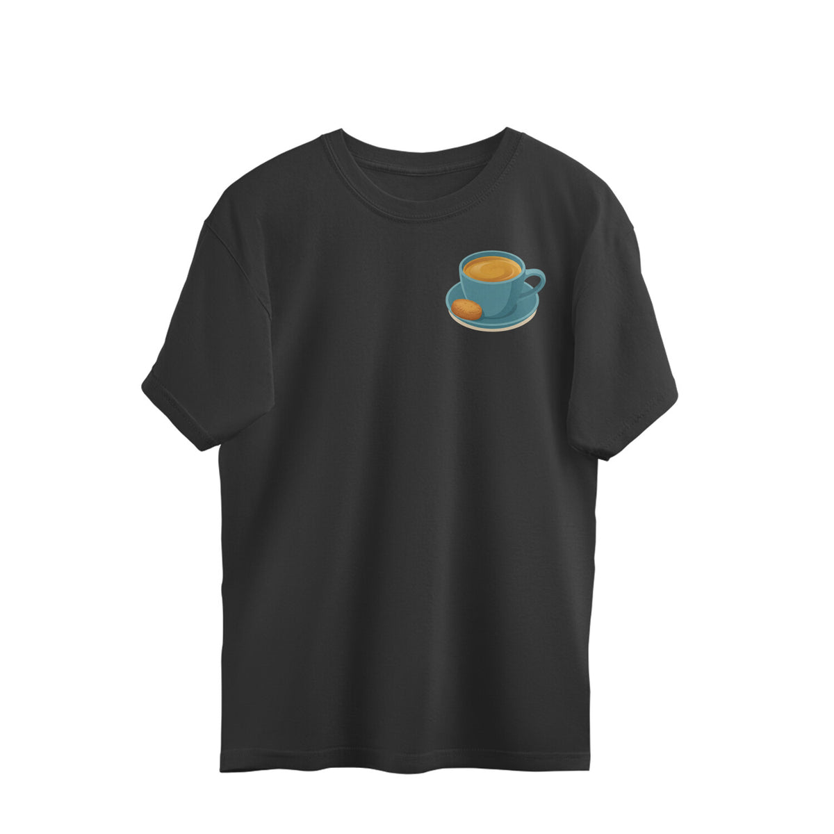 Black oversized t-shirt with a small teal cup of chai and a biscuit printed on the chest