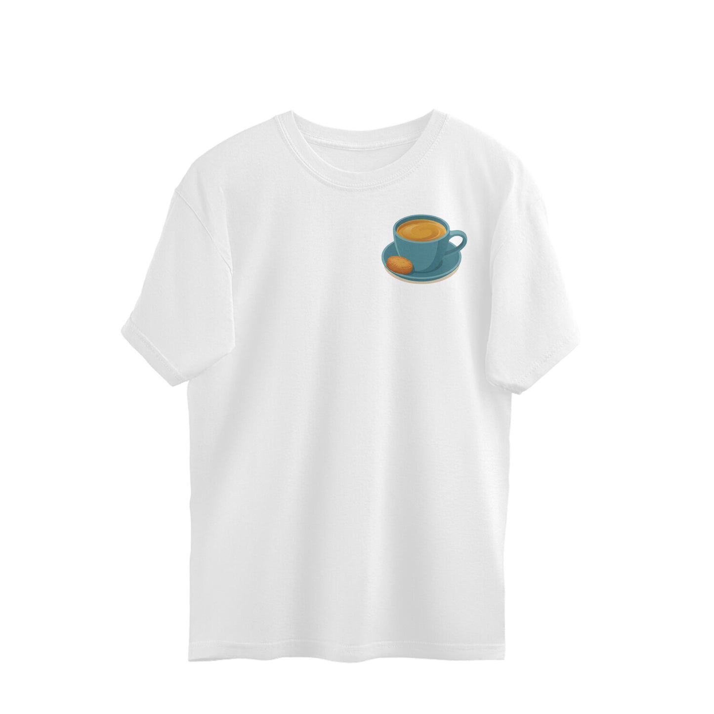 White oversized t-shirt with a small teal cup of chai and a biscuit printed on the chest