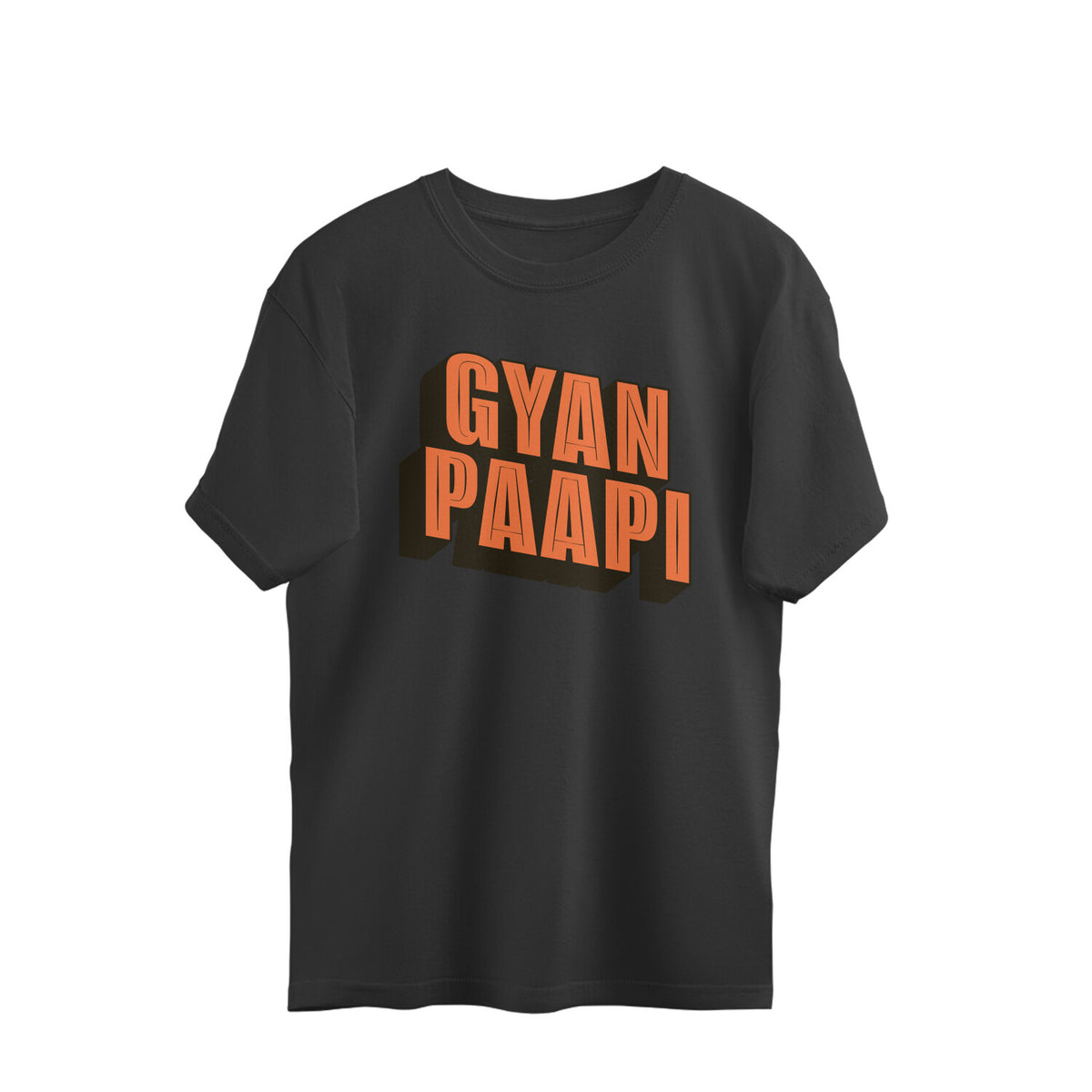 Black oversized t-shirt with GYAN PAAPI printed in orange three-dimensional block letters with a black shadow