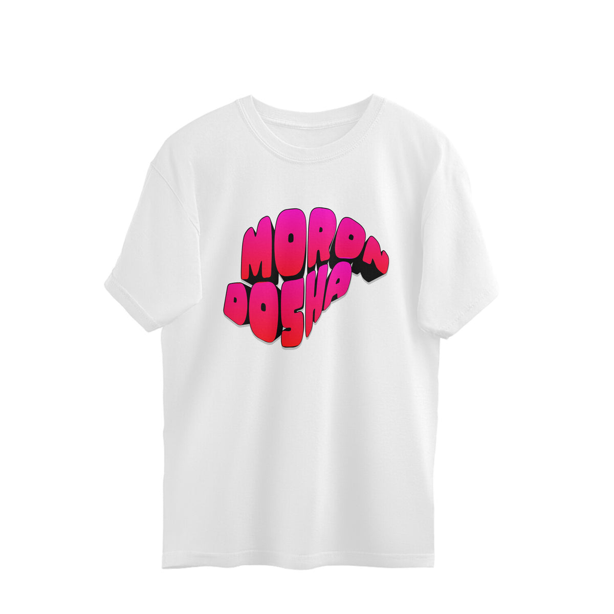 White oversized t-shirt with MORON DOSHA printed in pink and red bubble graffiti lettering with a black drop shadow